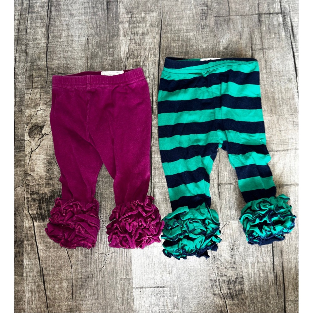 Pearls and Piggytails Girls Ruffle Icing Leggings Set Magenta Green Stripe Sz 6
